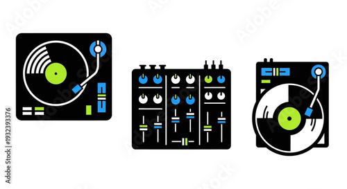 Dj Equipment Icons: Turntable, Mixer, and Record Player