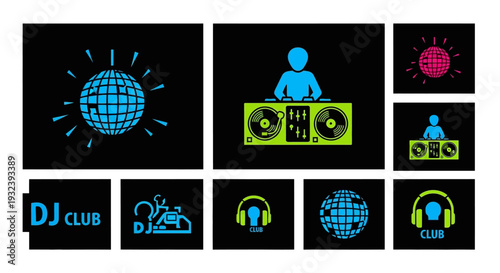 DJ Icons Set: Disco Ball, Turntables, Headphones, and Club Logo