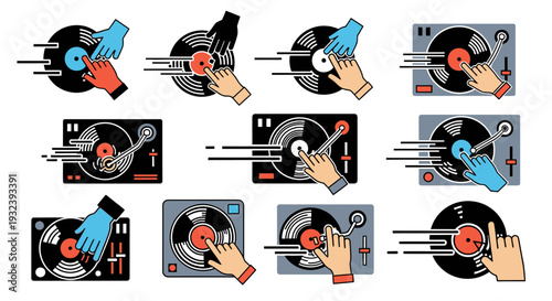 DJ Hands Scratching Vinyl Records on Turntables - Music Mix Collection