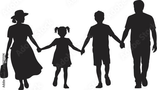 Black silhouette of a happy family with mother father and two children holding hands walking isolated on white background for design