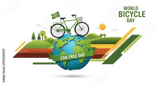 World bicycle day illustration with globe bike and car free day banner on a scenic landscape background