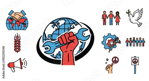 Global Unity and Cooperation Icons: Peace, Teamwork, Industry, Humanity