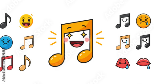 Happy Music Note Emoji with Sad and Happy Faces