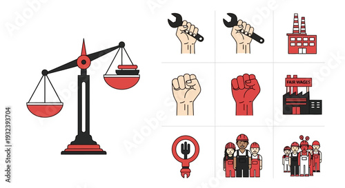Labor Rights and Industry Icons: Scales of Justice, Fist, Factory, Workers