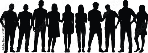 Diverse group of people silhouette isolated on white background, men and women standing together in casual poses for community, teamwork and social diversity concept
