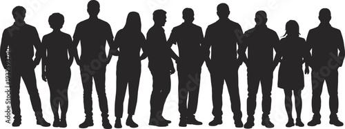 Diverse group of standing people silhouettes in full body view isolated on white background, human crowd outline collection for community and business concept