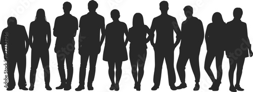 Group of people silhouette isolated on white background, diverse men and women standing together, black human figures collection for community, teamwork and social concept