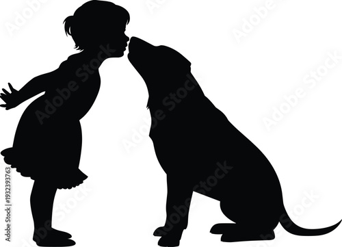 Black silhouette of a little girl kissing a dog on the nose isolated on white background for friendship and pet design