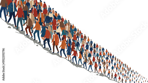 Large crowd of diverse people walking downhill in perspective, mass migration or social movement concept illustration with men, women and children on light background