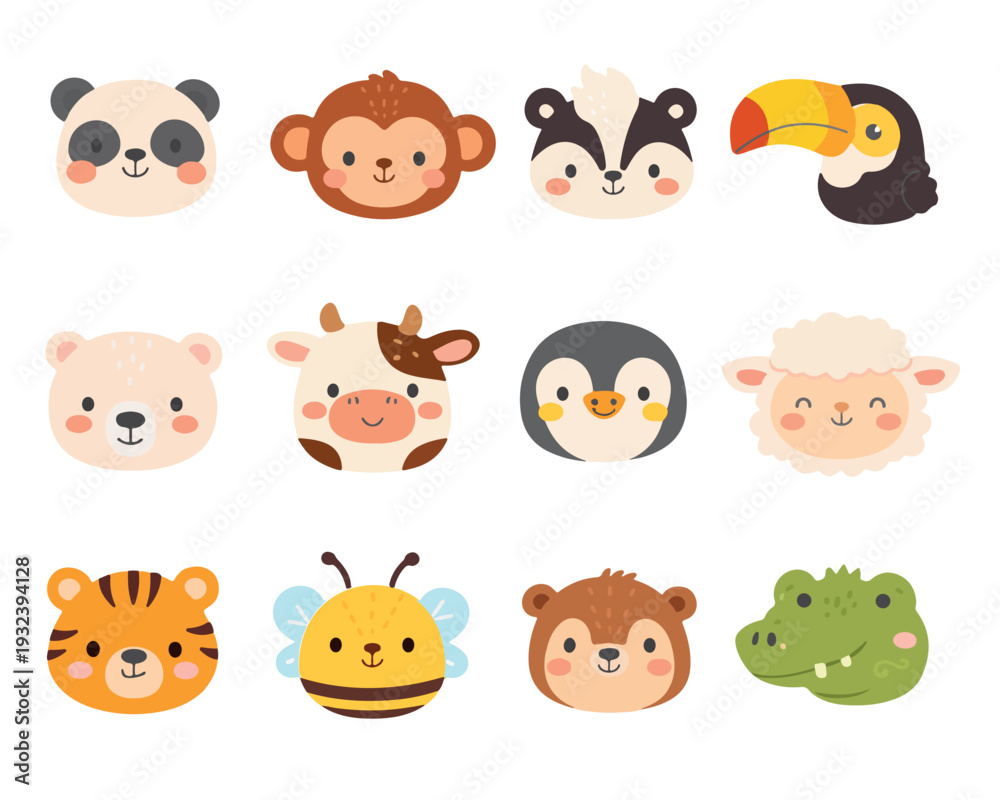 Fototapeta premium Vector illustration featuring 12 adorable animal faces including a panda, monkey, bear, and more. Each face depicts a friendly and cheerful expression, perfect for children's designs.