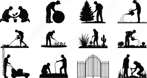 Gardening and Landscaping Silhouette Collection, Garden Care Worker Activity Set, Black Vector Illustration Isolated