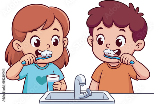 Happy kids brushing teeth together, cute cartoon children dental hygiene routine vector illustration isolated
