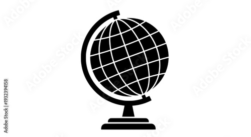 A black globe with white grid lines on a stand viewed from the side
