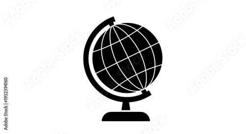 Illustration of a globe with grid lines and arrow rotating on a stand viewed from the side