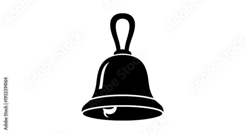 A classic black bell illustration hanging from a handle, isolated on a plain background, viewed from the front
