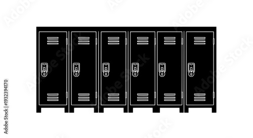 A row of six black lockers with silver handles in a school hallway setting viewed from the front