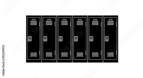 Row of black lockers with silver handles in a school hallway viewed from the front directly