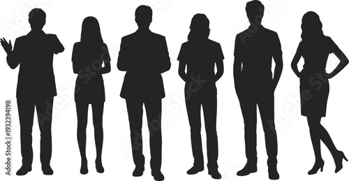 Silhouettes of diverse people standing in a row, showcasing individuality, posture, and attire for teamwork, diversity, business, fashion, and professional illustration concepts.