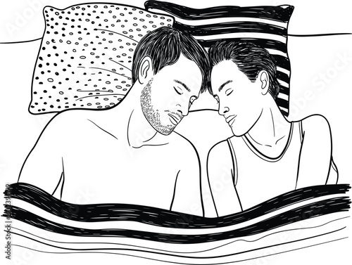 Man and woman sleeping in bed together line art collection, peaceful couple resting on pillows