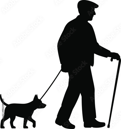 Black silhouette of an elderly man with a walking cane leading his dog on a leash isolated on white background