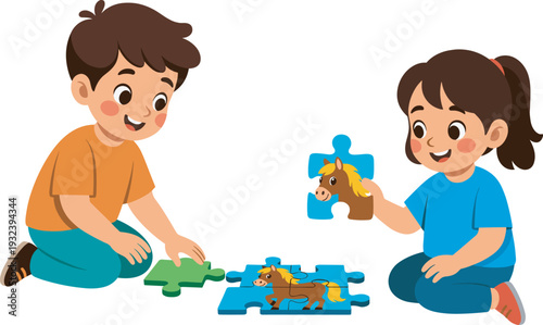 Happy kids playing jigsaw puzzle together, cute cartoon children teamwork activity vector illustration