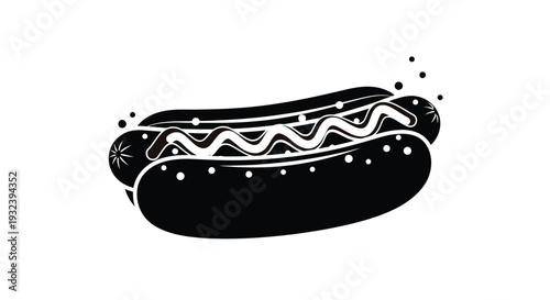 A black and white illustration of a classic hot dog with toppings