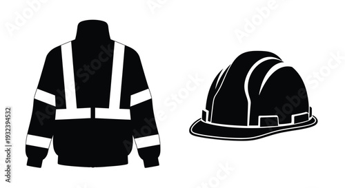 Black and white illustration of a safety vest and construction helmet
