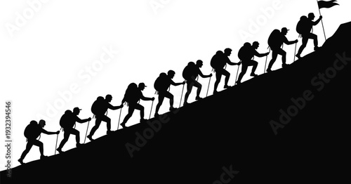 Mountain Hiking Team Silhouette Collection, Climbers Reaching Summit Success Concept, Black Vector Illustration Isolated