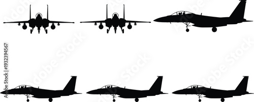 Military Fighter Jet Silhouette Collection, Air Force Aircraft Set, Black Vector Illustration Isolated