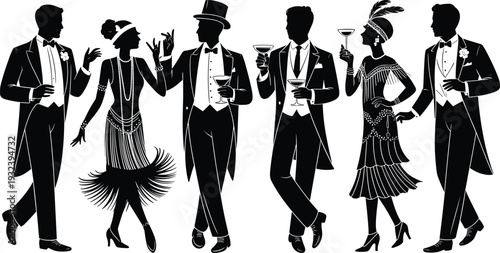 Roaring Twenties Gatsby Party Silhouette Set, Elegant Flapper and Gentlemen Cocktail Illustration, Black Vector Isolated Background