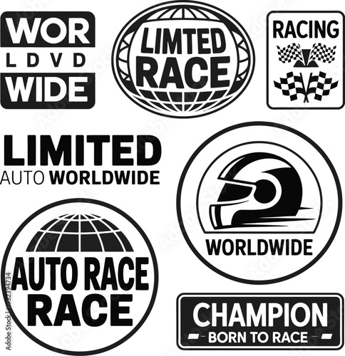 A dynamic collection of black and white racing emblems and badges, perfect for automotive sport branding and competition event designs