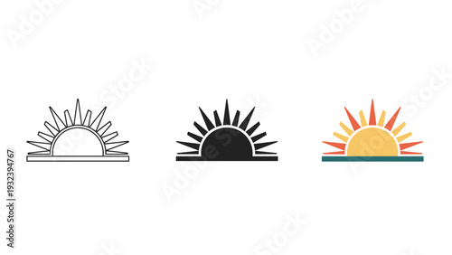 Three stylized sunrise icons in different colors and styles Vector