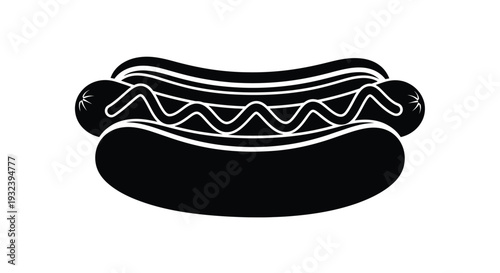 Simple black and white illustration of a hot dog with condiments