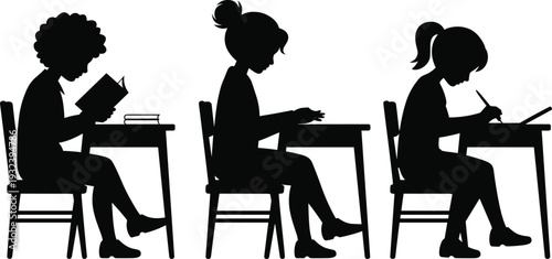 School Children Studying Silhouette Set, Reading Writing Classroom Scene, Black Vector Isolated Background
