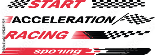 Dynamic racing stripe graphics for automotive design, featuring bold speed lines, vibrant red accents, and checkered flag elements, perfect for sports and vehicle branding