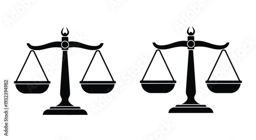 Two black scales of justice symmetrical and balanced on a white background