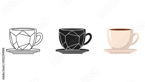 Three coffee cups with saucers in different styles Vector