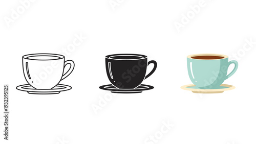 Three coffee cups in different colors on saucers Vector