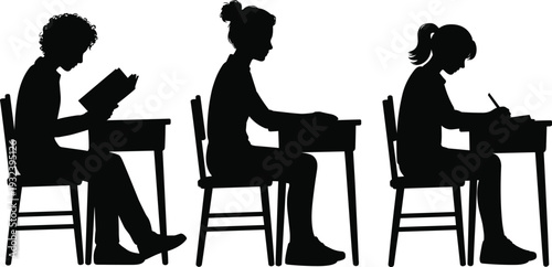 Students Studying at Desk Silhouette Set, Reading and Writing School Scene, Black Vector Isolated Background