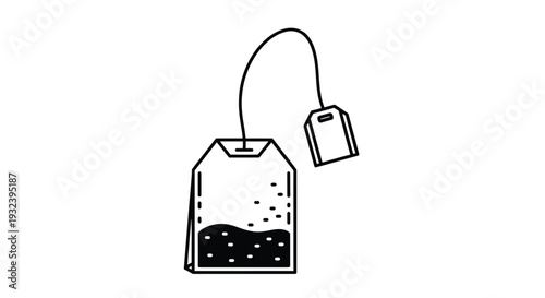 Simple black and white illustration of a teabag with visible tea leaves