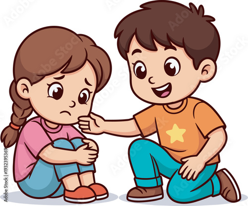 Kind boy comforting sad girl friend, cute cartoon children empathy and support vector illustration isolated