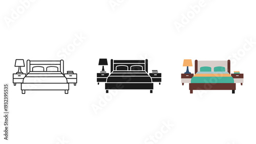 Three different colored bed icons with furniture Vector