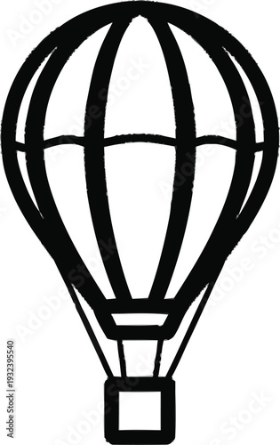 Black outline illustration of hot air balloon with vertical segments and simple basket on transparent background art
