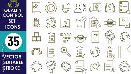 
Gemini said
This collection features thirty-five gold-toned line icons centered on quality control, including badges, checklists, verification seals, magnifying glasses, and various standards for ind