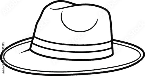 Fedora hat drawing, classic headwear with brim and band black outline isolated on transparent background