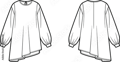 Women's long sleeve asymmetric hem dress technical flat sketch, front and back view apparel CAD vector illustration template