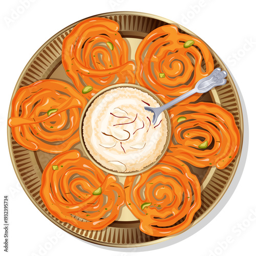 Holiday Celebratory Dessert Illustration: Golden Jalebi Served on a Traditional Gold Thali with Creamy Rabdi Garnished with Pistachios, Saffron, and Almonds