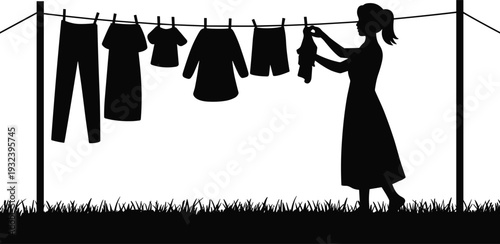 Woman Hanging Laundry Silhouette Illustration, Clothesline Outdoor Washing Scene, Black Vector Isolated Background