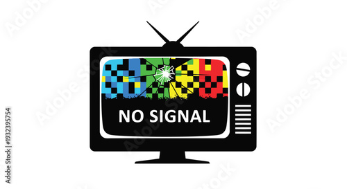 Black television displaying a no signal screen with colorful static