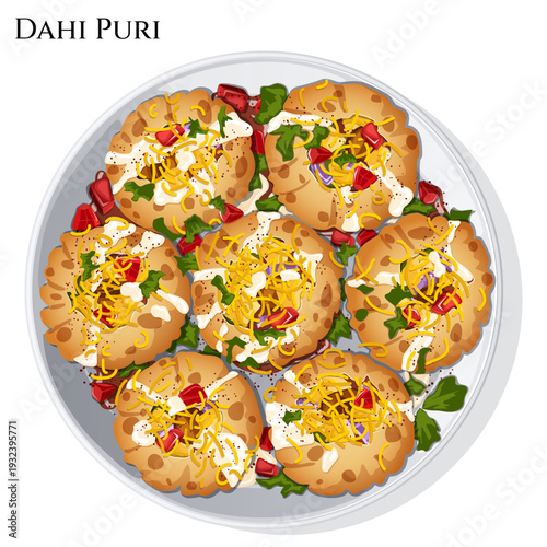 Detailed Top View Illustration of Dahi Puri Plate; Indian Chaat Snacks Filled with Spicy Potatoes and Topped with Creamy Yogurt, Pomegranate Seeds, Crunchy Sev, and Fresh Cilantro